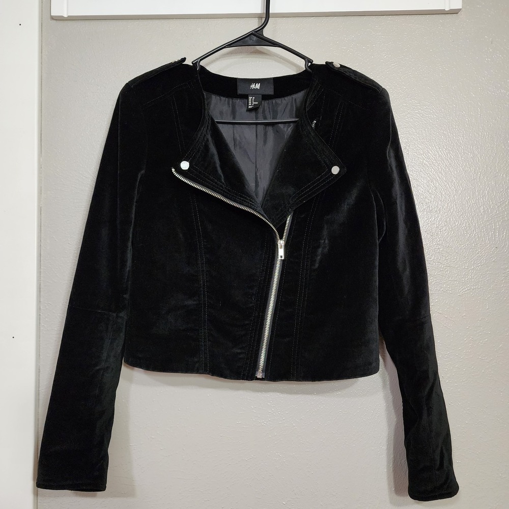 H&M Women's Jacket Sizeβ 8 Black Velvet Asymmetrical Zipper